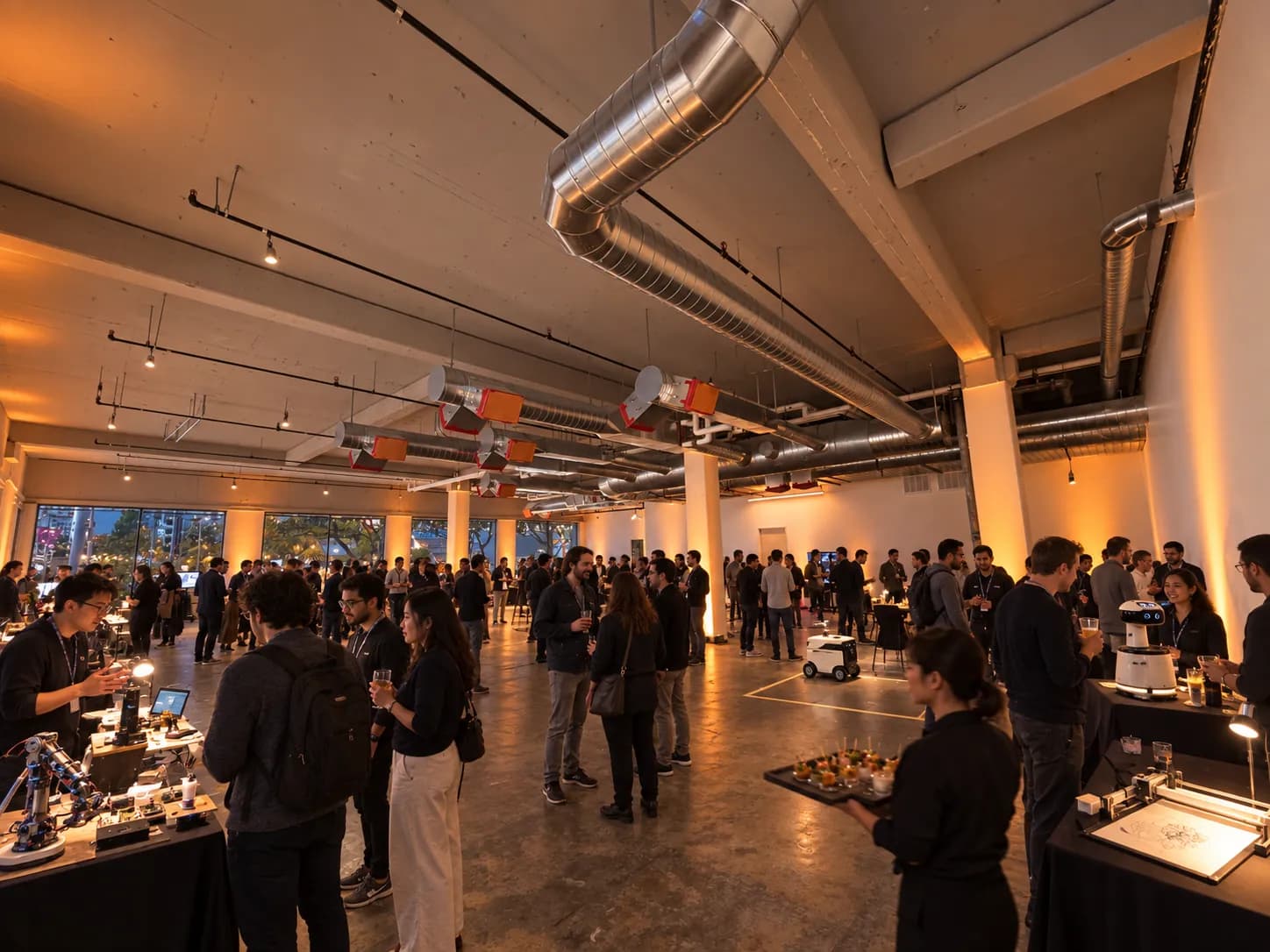 Rendering of the venue on the night: warm light, people mingling between robot and hardware demo tables